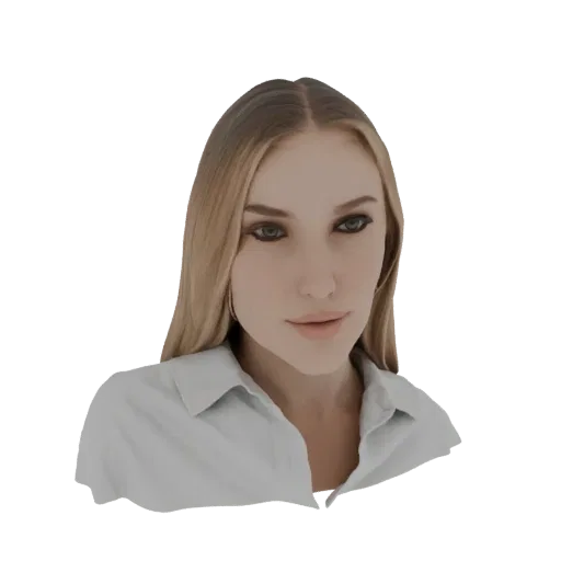 Modelo 3D de una mujer elegante con cabello rubio, vestida con una camisa blanca con cuello, mirando al espectador con una ex