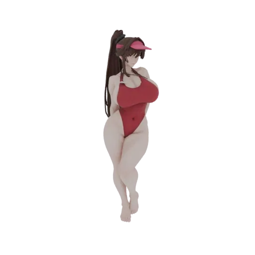 3D model of an anime girl wearing a red swimsuit and a red visor, with her hair tied in a ponytail.
