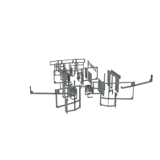 3D model of an abstract geometric structure with intersecting lines and planes, rendered in gray.