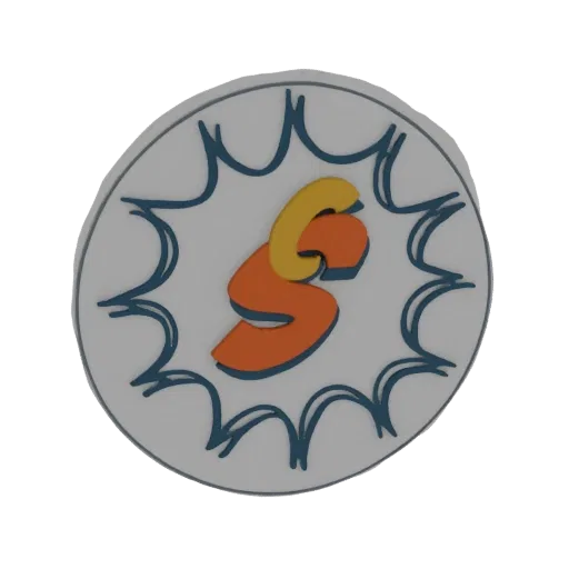 3D render of a stylized 'S' logo emblem with orange and yellow letters inside a blue comic-book burst.