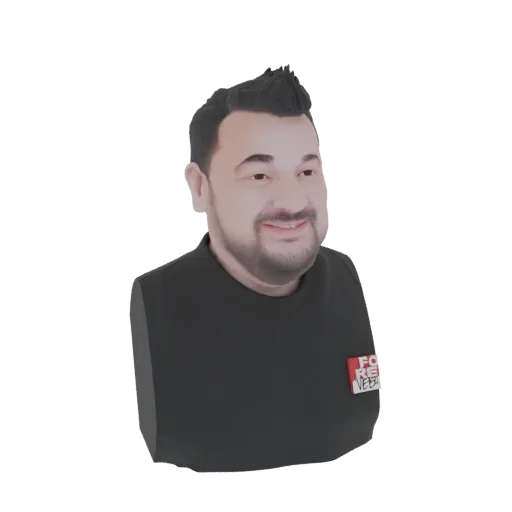 3D model render of a smiling man's bust wearing a black t-shirt with a red and white logo patch on the chest.