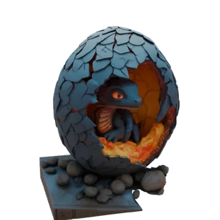Modelo 3D de um bebê dragão com olhos laranja brilhantes emergindo de um ovo azul escamoso e rachado, repousando sobre uma ba