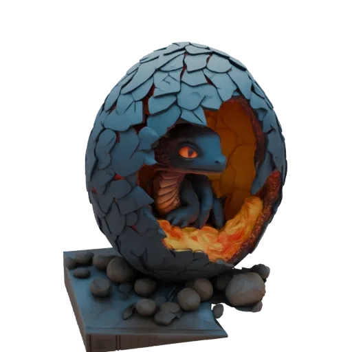 Modèle 3D bébé dragon yeux orange brillants sortant d'un œuf bleu écailleux craquelé, sur une base couverte de pierres.