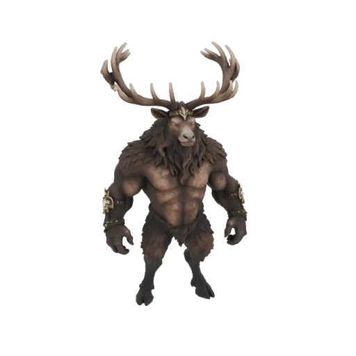 3D model of a muscular Deer Ogre with large antlers, standing in a neutral pose against a black background.