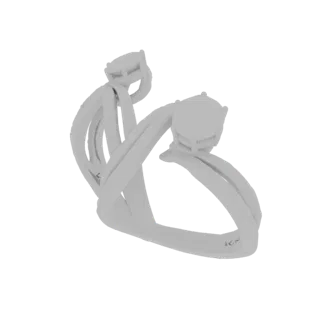 Modelo 3D de un anillo bypass entrelazado blanco con dos diamantes prominentes, mostrando un diseño moderno y elegante.