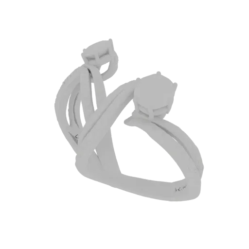 Modello 3D di un anello bypass intrecciato bianco con due diamanti prominenti, che mostra un design moderno ed elegante.