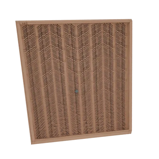 3D model render of an abstract geometric panel with dense diagonal line patterns and a small blue circular accent.