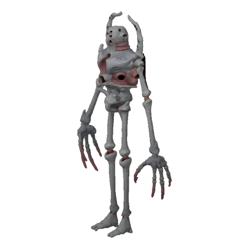 A full-body render of a grotesque skeletal creature with exposed bone and pink tissue, standing on a white background.