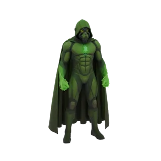 Modelo 3D de un guerrero sci-fi verde con capa con capucha y máscara de gas, con energía verde brillante emanando de sus mano