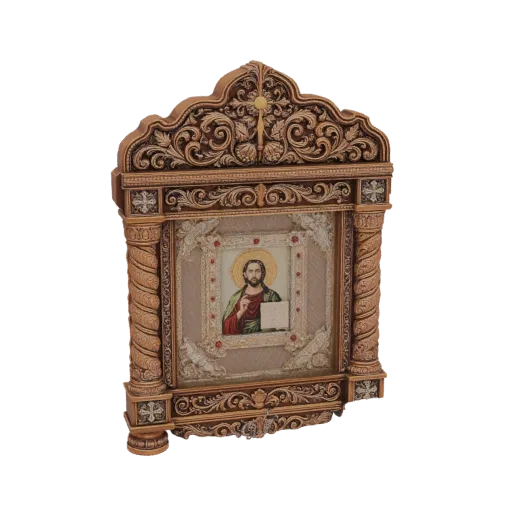 3D model of an ornate icon featuring Jesus Christ in a carved wooden frame, shown from a slight angle.