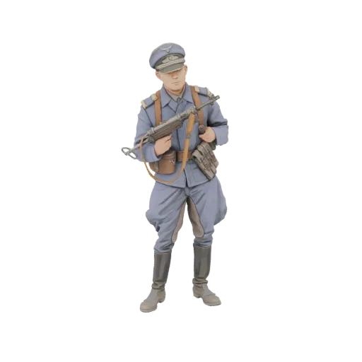 3D model of a German soldier in uniform holding an MP40 submachine gun, presented on a white background.