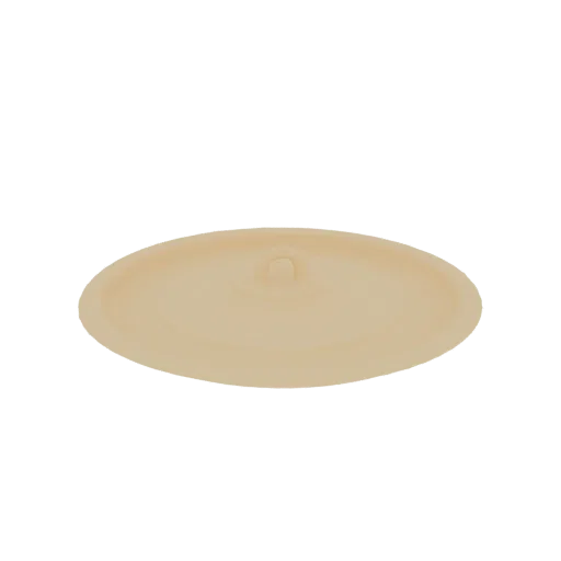 A 3D render of a beige silicone pot lid with a central handle, presented against a white background.