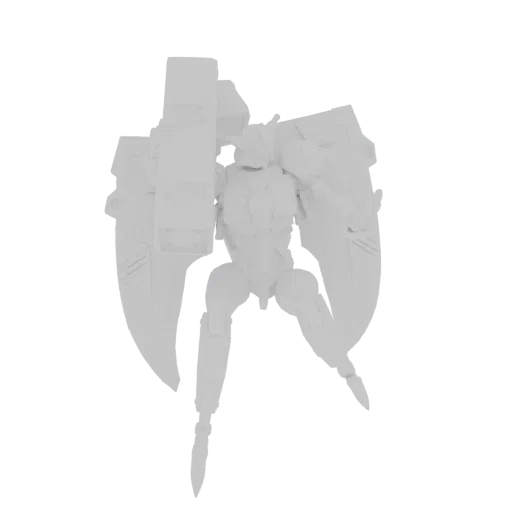 3D render of a futuristic robot with large wings and a cannon, presented in a neutral grey material.
