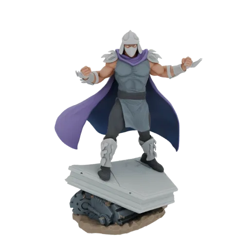 3D model of Shredder, the TMNT villain, in a battle-ready pose on a broken platform base, with purple cape flowing.