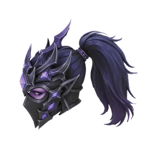 3D model of a dark fantasy warrior mask with black armor, purple gems, and a dark purple ponytail, viewed from the side.