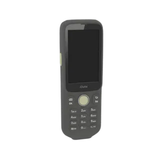 3D model of an iData rugged mobile computer with a dark gray casing, a black screen, and a physical numeric keypad.