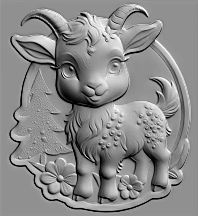 Modèle 3D bas-relief d'un mignon chevreau avec fleurs et sapin, en couleur grise