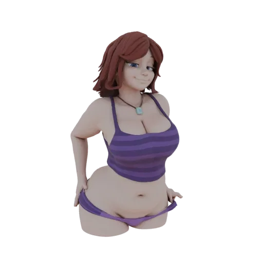 3D model of a curvy woman with brown hair wearing a purple striped crop top and matching panties, smiling.