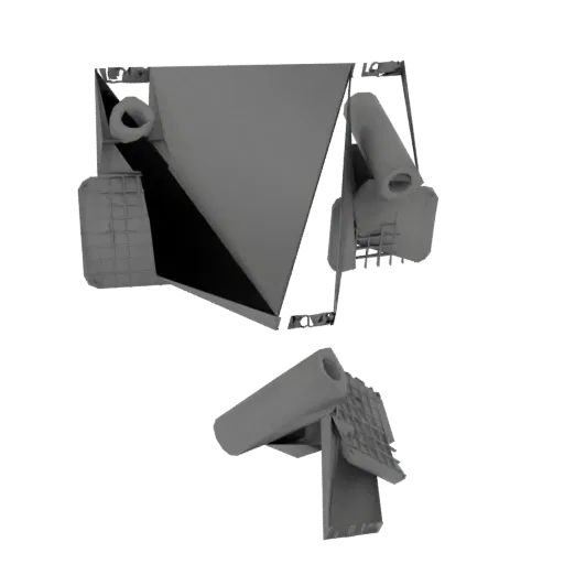 3D model of a sci-fi cannon mounted on a complex, angular turret with visible mechanical details and a dark, industrial finis