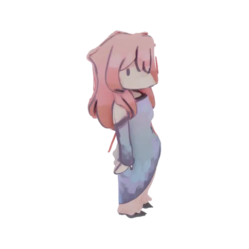 3D-Modell eines stilisierten Anime-Mädchens mit fließendem pinkem Haar und einem blau-violetten Farbverlauf-Kleid, von der Se