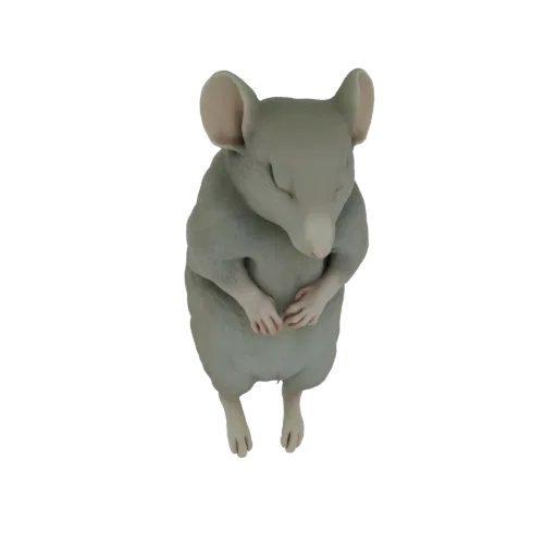 A 3D render of a cute, light gray mouse sleeping peacefully with its eyes closed and paws tucked in.