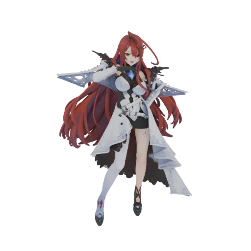 3D-Modell des Anime-Charakters Elizabeth Rose Bloodflame mit langen roten Haaren und einem weiß-schwarzen Outfit in einer dyn