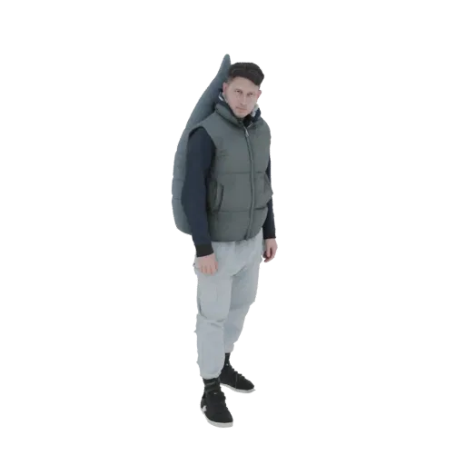 3D model of a man wearing a puffer vest and sweatpants, carrying a guitar case on his back like a backpack.