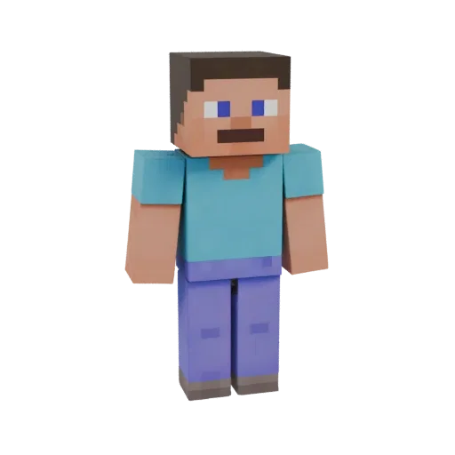 Modello 3D del personaggio Steve dal gioco Minecraft, in piedi su sfondo bianco