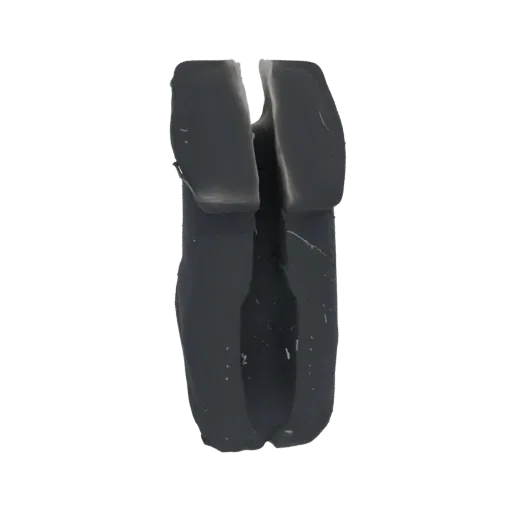 Renderizado de modelo 3D de un clip en forma de U gris oscuro con acabado mate, mostrando su distintiva abertura dividida.