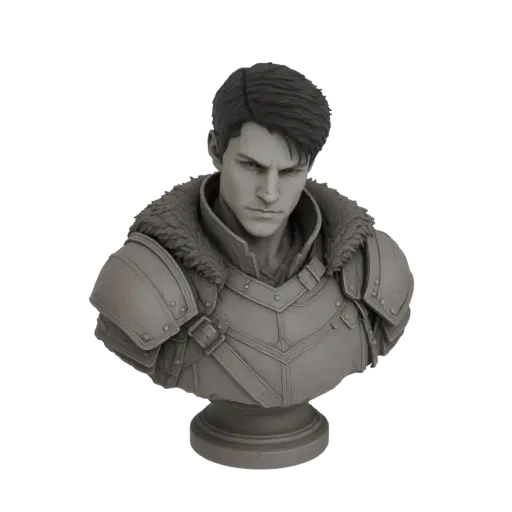 3D model preview of a grayscale bust of a Gothic Knight with detailed armor and a fur-lined collar, looking stoically forward