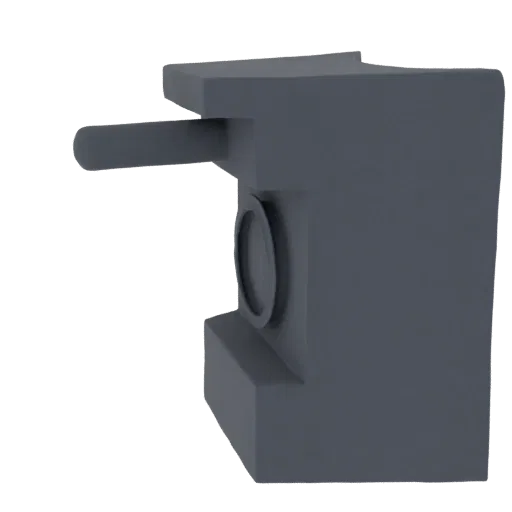 Side view of a minimalist, dark gray 3D model of a coffee maker with a smooth, integrated handle and a circular detail on the