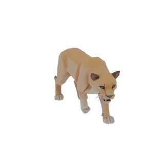 Un modelo 3D low poly de un puma en una pose dinámica de acecho sobre un fondo blanco.