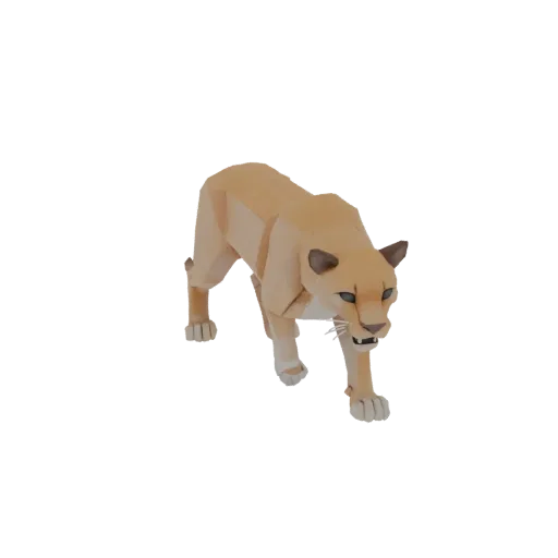 A low poly 3D model of a cougar in a dynamic prowling pose against a white background.