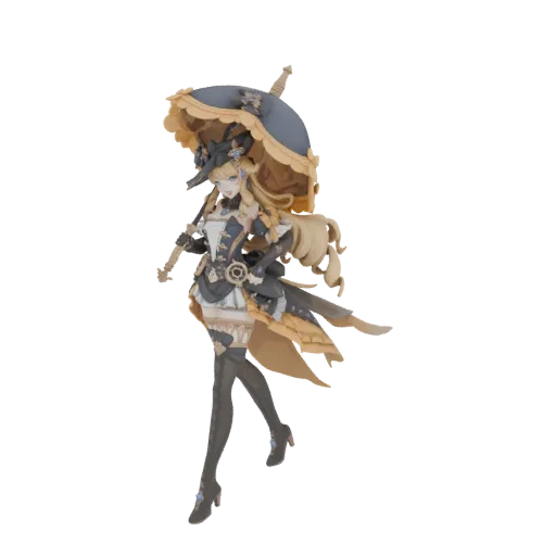 3D model of a Victorian steampunk lady with blonde hair, wearing an elaborate outfit and holding a large umbrella.