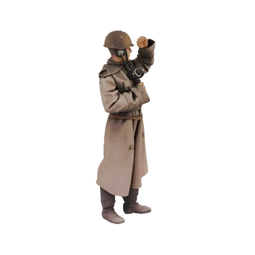 3D model of a Soviet officer in a trench coat and helmet, holding binoculars, viewed from the side.