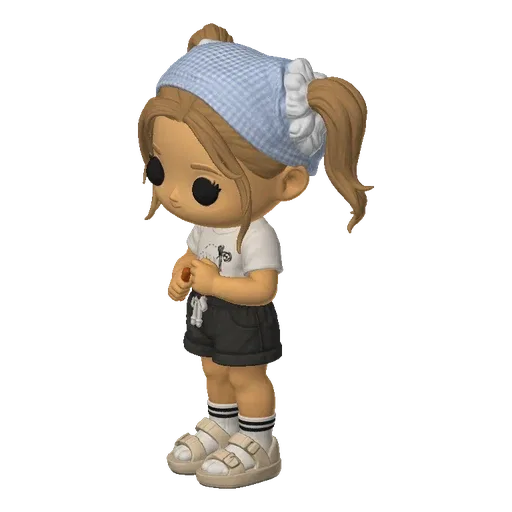 3D model of a cute cartoon-style girl with blonde pigtails, wearing a blue bandana, white t-shirt, and grey shorts, holding an orange object.