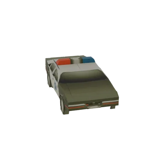 A 3D model of a retro police cruiser with a dark green body, light gray roof, and red and blue emergency lights.