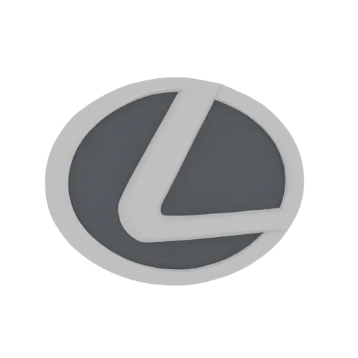 A 3D render of the Lexus car brand logo, featuring a stylized 'L' in silver within a dark gray oval.