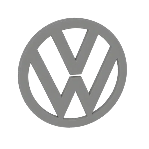 A 3D rendered model of the iconic Volkswagen logo in a neutral gray color against a black background.