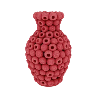 3D-Modell einer Vase in Form einer Ansammlung reifer Himbeeren, mit detaillierten Texturen und lebendiger roter Optik.