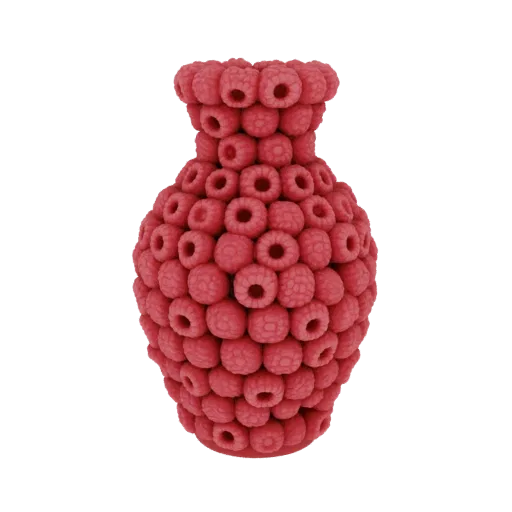 3D-Modell einer Vase in Form einer Ansammlung reifer Himbeeren, mit detaillierten Texturen und lebendiger roter Optik.