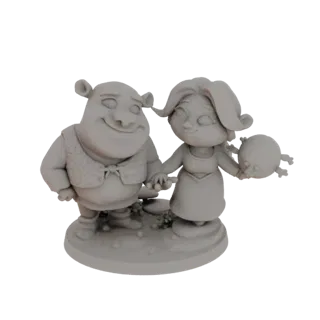 A 3D render of a clay-like model featuring Shrek and Fiona holding their baby ogre, standing on a textured base.