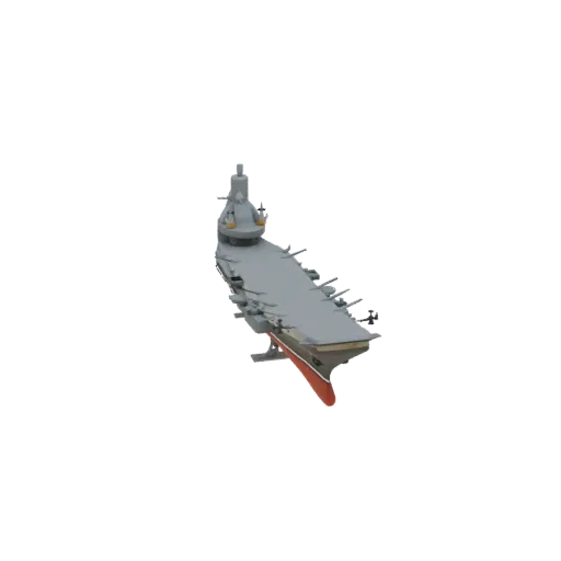 3D model of a modern aircraft carrier with a gray flight deck and red-hulled waterline, viewed from a high angle.