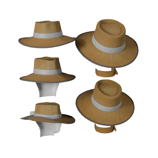Modelo 3D Chapéu de Aba Larga, vista frontal em três quartos, renderização de estúdio para visualizador AR, mostrando tecido,