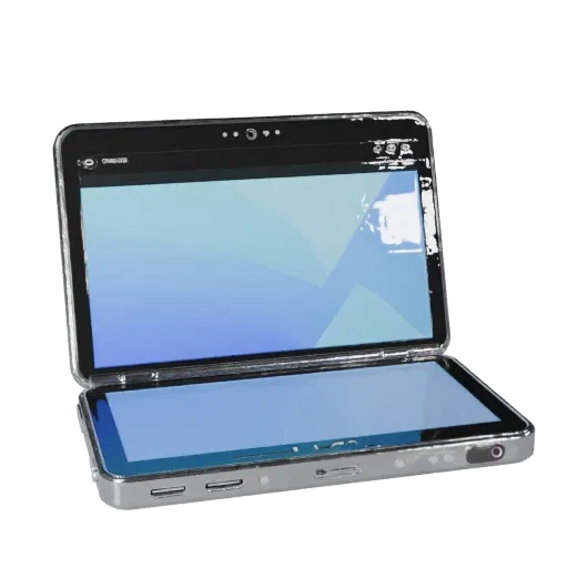 Compact Tablet Phone Product Viz 3D model, three-quarter studio product render, showing glass screens, form detail.