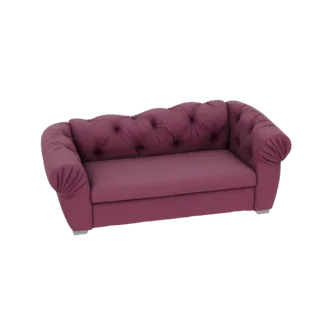 Un modello 3D di un divano Chesterfield trapuntato in velluto prugna con braccioli arrotolati e profonda trapuntatura a botto