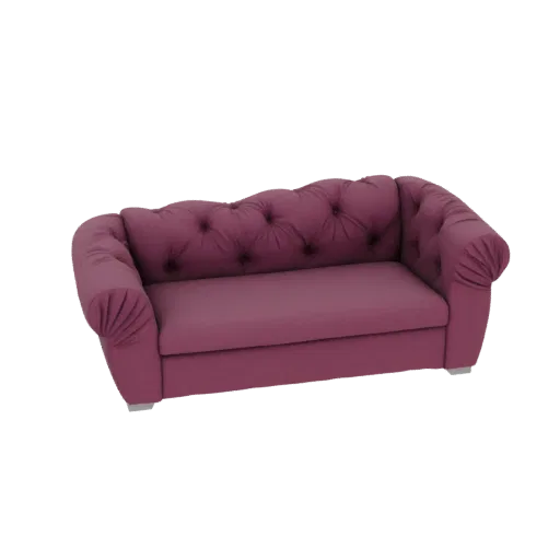 A 3D model of a plum velvet tufted Chesterfield sofa with rolled arms and deep button tufting, shown from a three-quarter per