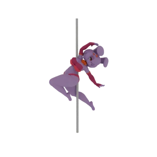 A 3D render of a purple bunny girl character in a dynamic pole dancing pose, with large ears and a playful outfit, wrapped ar