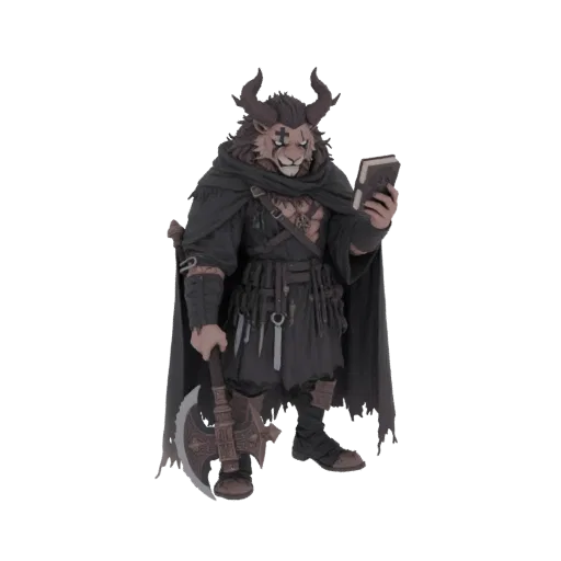 3D model of a lion-headed cleric with horns, wearing a dark cloak, holding an axe and a book.