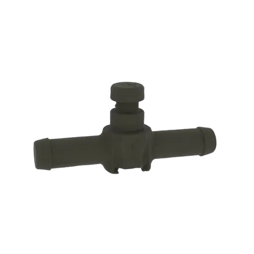 3D model of a dark grey inline hose valve with two barbed connectors and a central control knob.